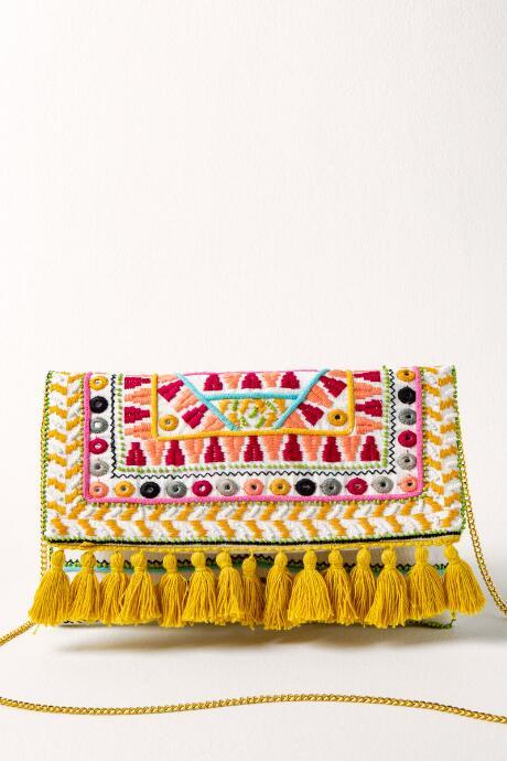Francesca's Mia Multi Embroidered Tassel Trim Clutch - Yellow