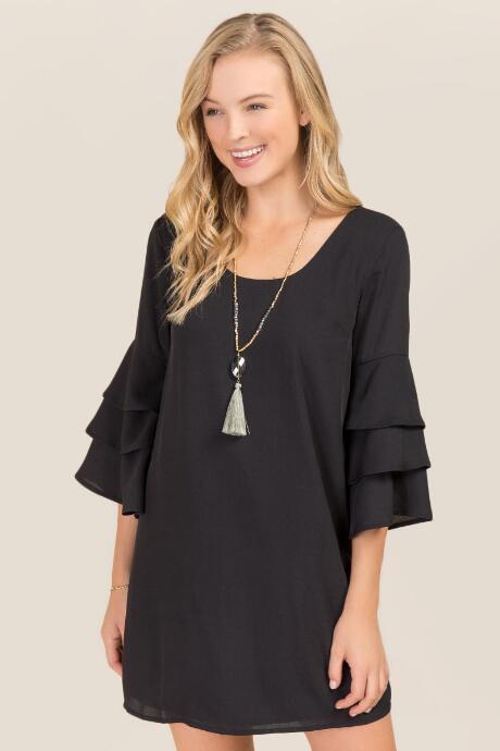 Miami Jasmin Tiered Ruffle Sleeve Shift Dress - Black