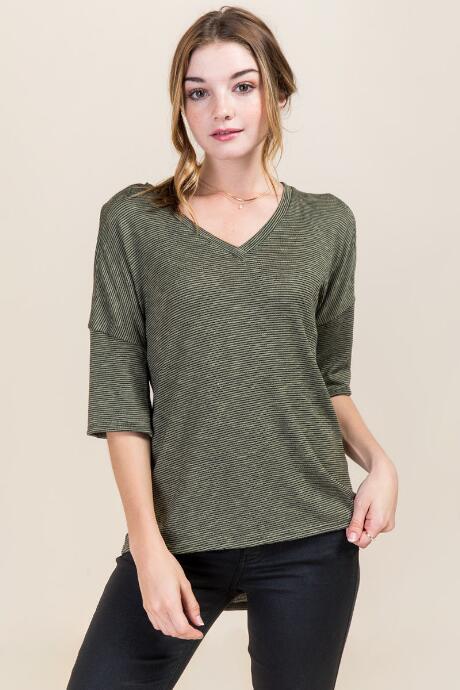 Dee Elle Julianna Striped Cold Shoulder Knit Tee - Dark Olive