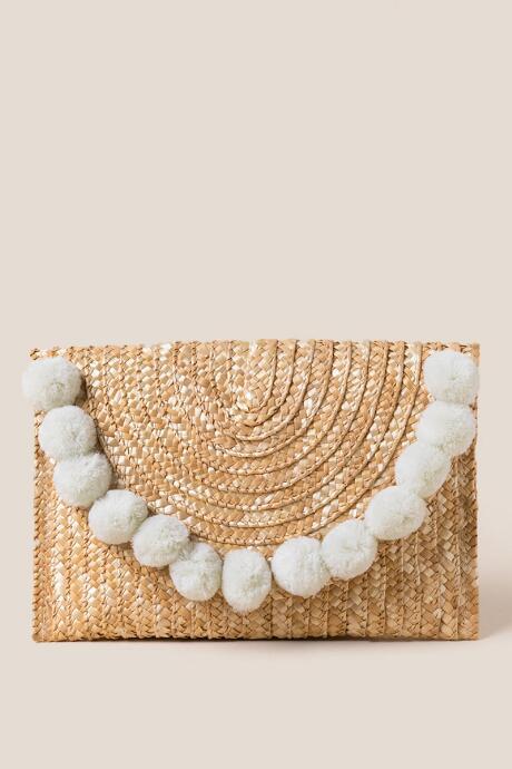 Francesca's Rylee Straw Pom Clutch - Ivory