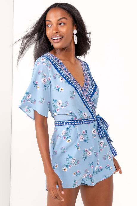 Francesca's Eileen Border Print Romper - Baby Blue