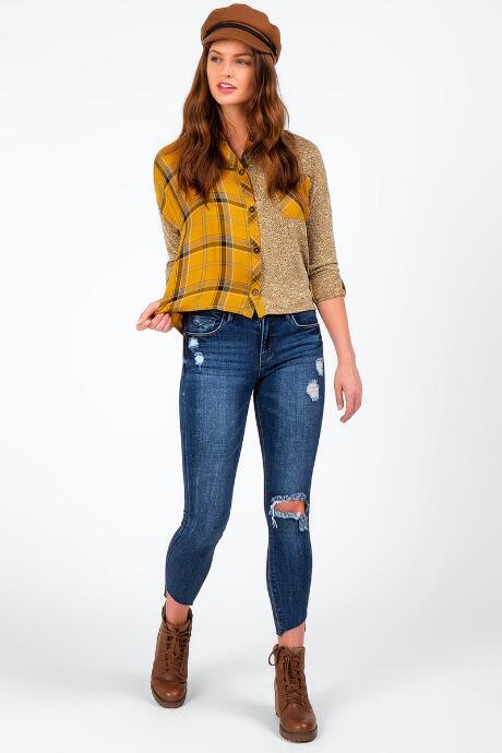 Francesca's Peg Plaid Oat Mixed Button Down Top - Mustard