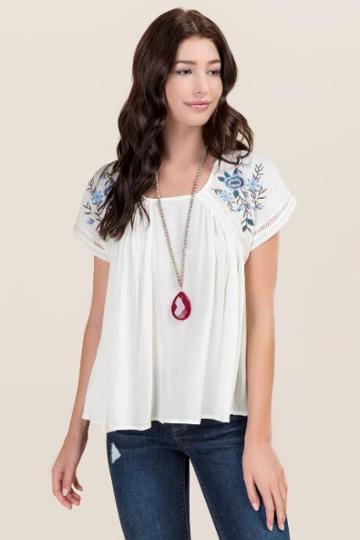 Miami Georgia Embroidered Floral Sleeve Top - Ivory