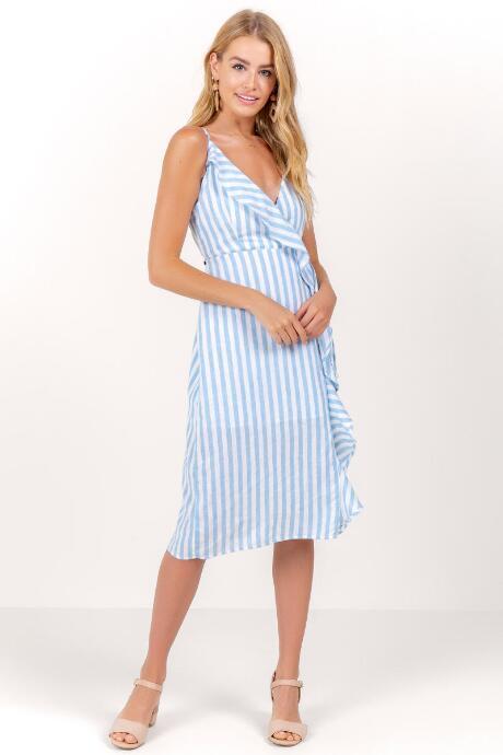 Everly Gloria Ruffle Stripe Wrap Dress - Baby Blue