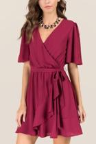 Blue Rain Elina Surplus Tie Waist Ruffle A-line Dress - Burgundy