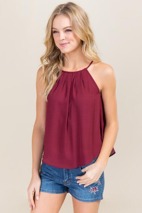 Miami Lena High Neck Pleated Tank - Wine