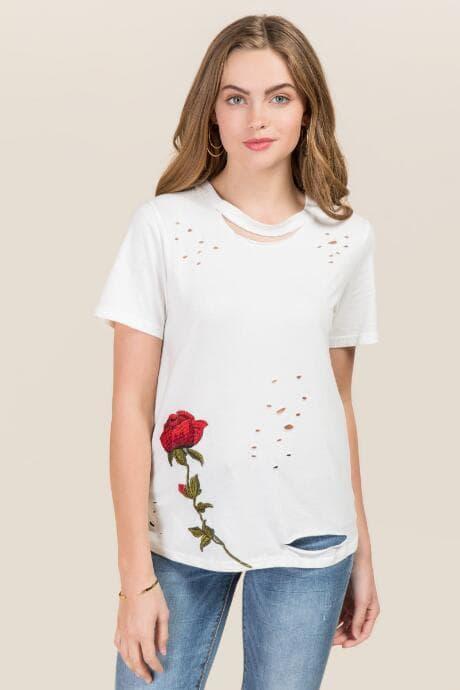 Fashion Today, Inc. Syreeta Distressed Cut Out Rose Top - White