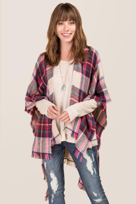 Francesca's Cecily Neon Pop Plaid Ruana - Taupe