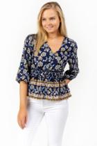 Francesca's Ridley Button Scarf Print Blouse - Navy