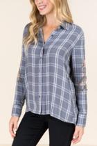 Francesca's Brydie Embroidered Sleeve Button Down - Gray