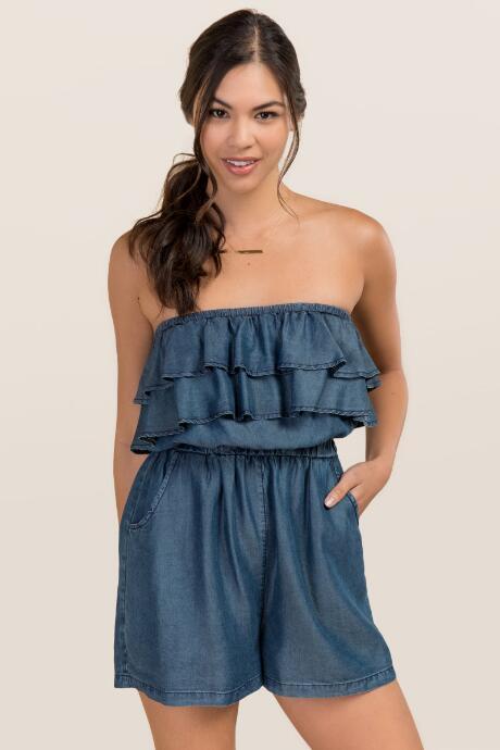 Blue Rain Lily Ruffle Denim Romper - Chambray