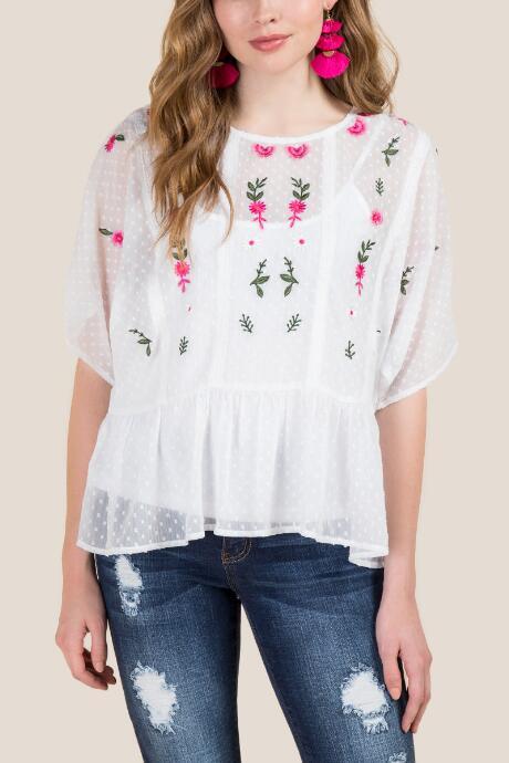 Francesca's Heidi Floral Embroidery Clip Dot Top - White