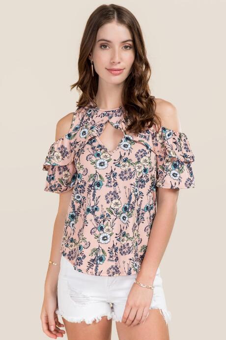 Alya Dayle Floral Ruffle Cold Shoulder Top - Pink