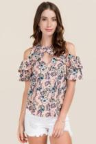 Alya Dayle Floral Ruffle Cold Shoulder Top - Pink