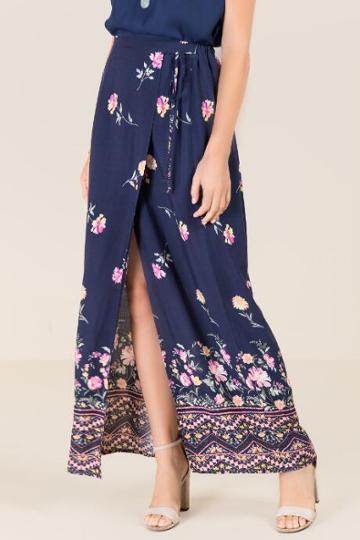 Topsondowns Mckinley Floral Border Wrap Skirt - Navy