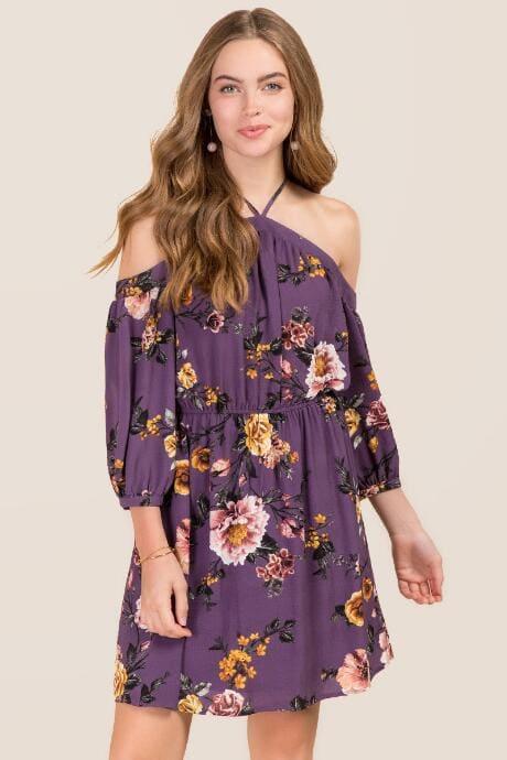 Blue Rain Valentina Y Neck Floral Dress - Vintage Purple
