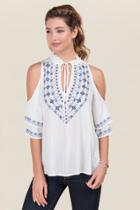 Blue Rain Edyn Embroidered Double Ruffle Cold Shoulder Top - White