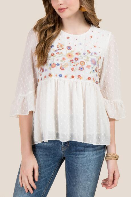 Francesca's Tobin Bell Sleeve Yoke Swiss Dot Blouse - Ivory