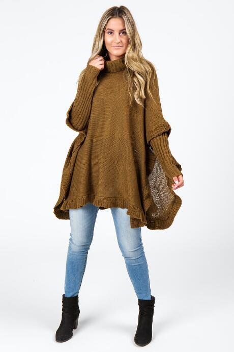 Francesca's Kira Ruffled Round Bottom Poncho - Cognac