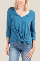 Francesca's Eliza Front Tie Basic Top - Dark Teal