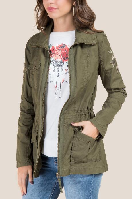Francesca's Peyton Embroidered Sleeve Anorak - Olive