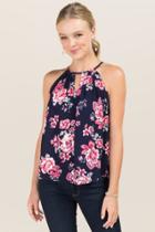 Lets Go Apparel, Inc. Natasha High Neck Key Hole Floral Tank - Navy