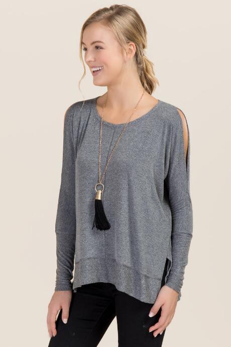 Alya Laney Cold Shoulder Space Dye Top - Heather Gray