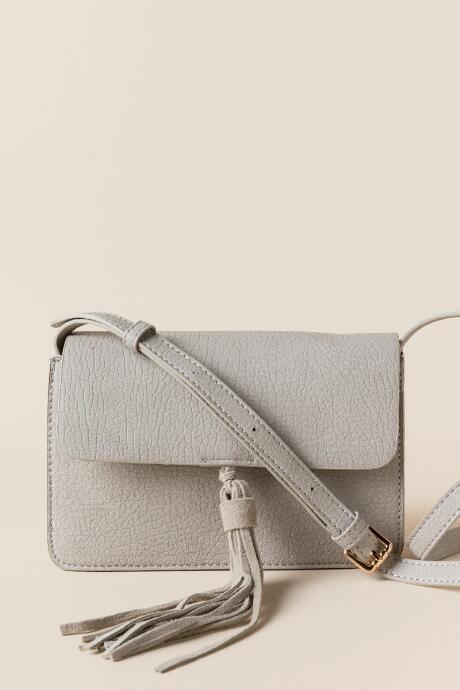 Francesca's Esmeralda Suede Tassel Crossbody - Light Gray