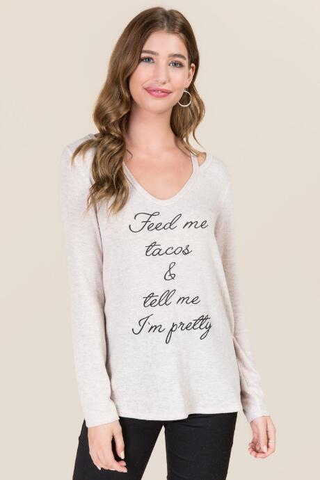 Sweet Claire Feed Me Tacos X Halter Ls Graphic Tee - Blush
