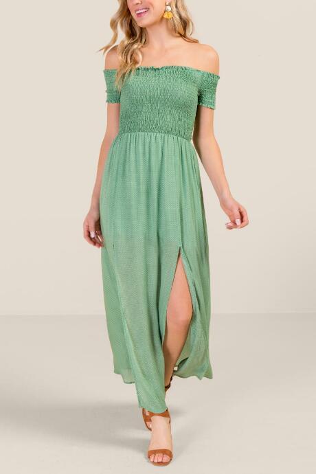 Francesca's Erika Smocked Off The Shoulder Maxi Dress - Moss