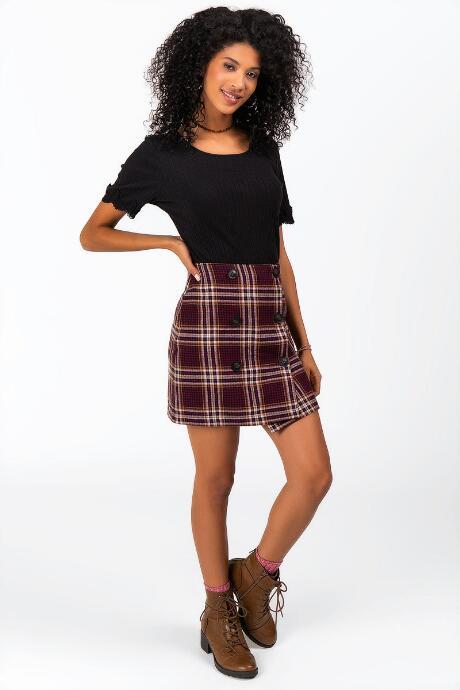Francesca's Adalina Plaid Button Mini Skirt - Burgundy