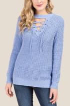 Francesca's Kaiser Lace Up Neck Sweater - Oxford Blue