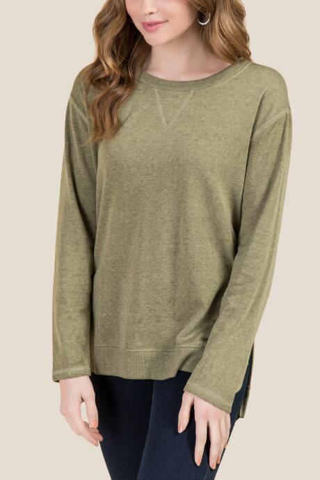 Francesca's Noelle Mineral Wash Long Sleeve Top - Dark Olive