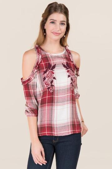 Dizzy Lizzy Ena Embroidered Plaid Ruffle Cold Shoulder Top - Burgundy
