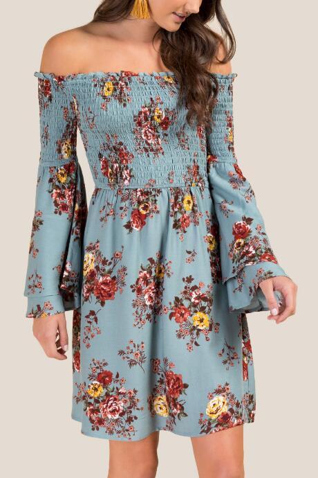 Francesca's Laura Smock Ruffle Sleeve Floral Shift Dress - Teal