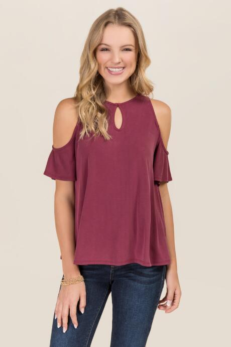 Alya Clover Keyhole Cold Shoulder Cupro Top - Wine