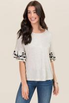 Alya Calista Embroidered Ruffle Sleeve Knit Tee - Heather Oat