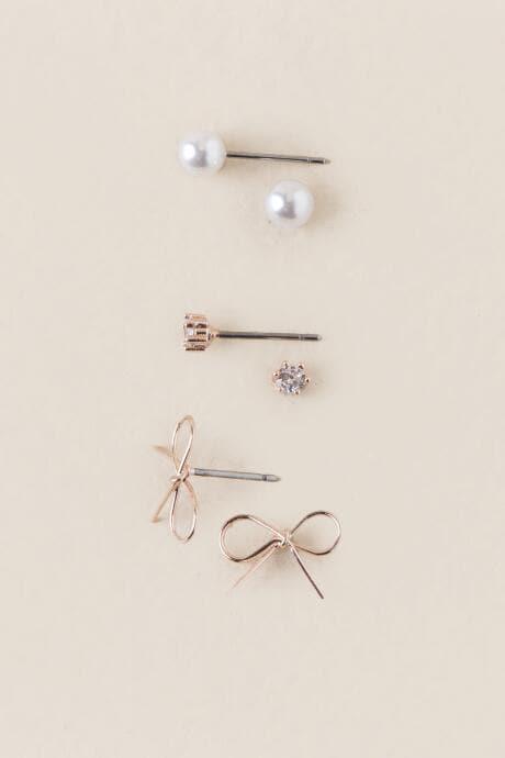 Francesca's Bow Pearl Cubic Zirconia Stud Earring Set In Rose Gold - Rose/gold