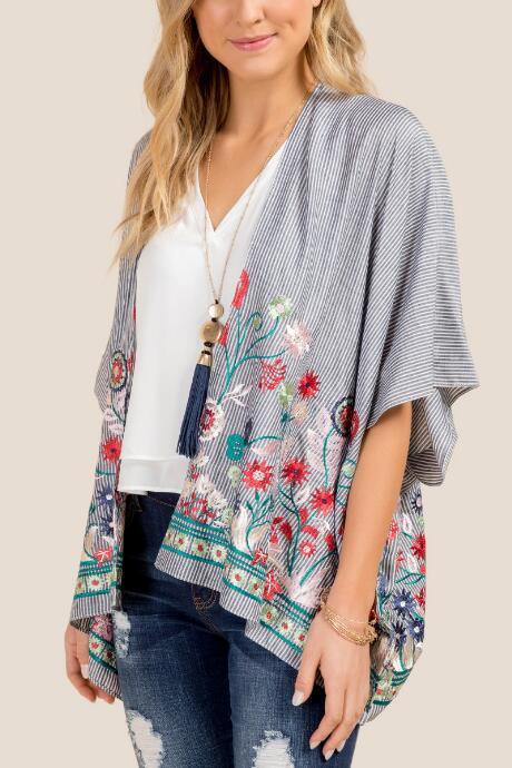 Francesca's Berkley Embroidered Striped Ruana - Chambray