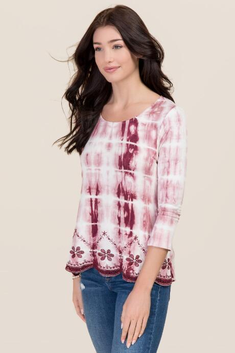 Alya Isley Embroidered Hem Tie Dye Tee - Wine