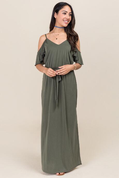 Alya Judith Ruffle Cupro Maxi Dress - Dark Olive