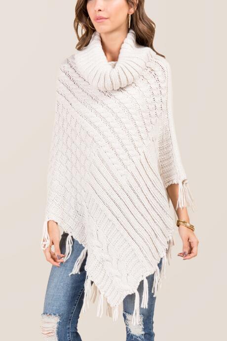 Francesca's Cortney Cowl Neck Tassel Poncho - Taupe