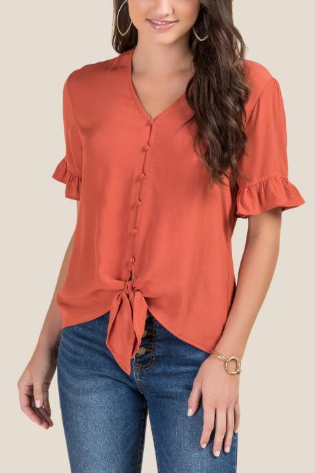 Francesca's Ryleigh Tie Front Button Down Blouse - Cinnamon