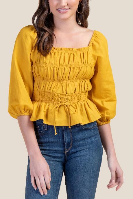 Francesca's Georgina Smocked Peplum Blouse - Mustard