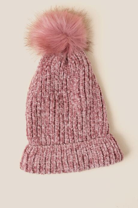 Francesca's Simone Chenille Faux Fur Pom Beanie - Pink