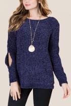 Alya Dinah Twist Sleeve Chenille Pullover Sweater - Navy