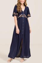 Francesca Inchess Izzy Button Down Embroidered Floral Maxi Dress - Navy