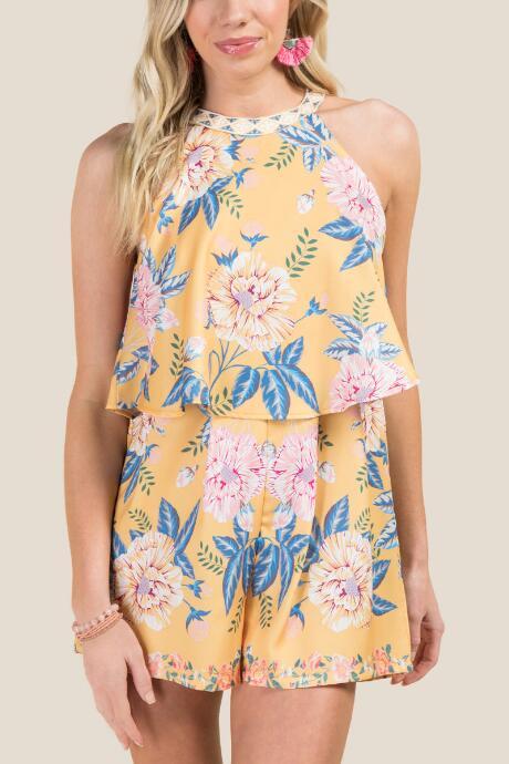 Francesca's Felicity Floral Halter Romper - Marigold