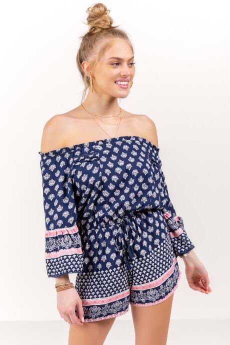 Francesca's Tamia Off The Shoulder Romper - Navy