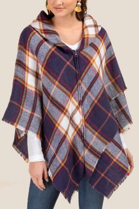Francesca's Sonya Zipper Plaid Poncho - Navy